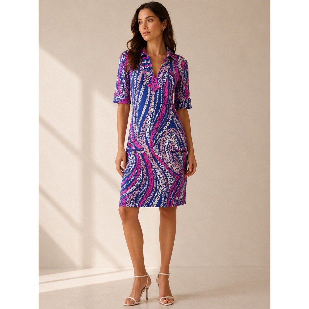 Tori Richard Sheath Shirt Dress Womens XS Blue Pink Abstract Print Hawaii Mod